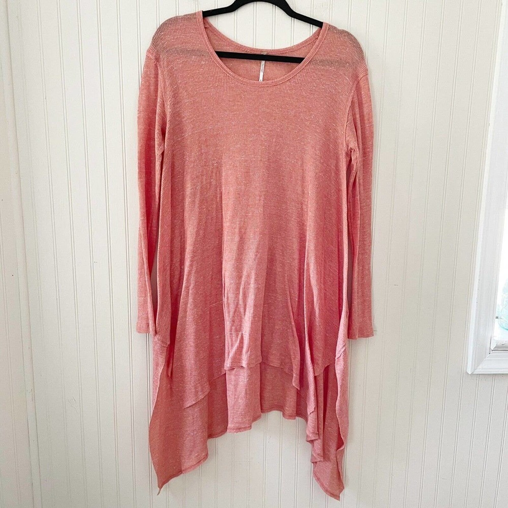Free People Womens Size M Waffle Knit Long Sleeve Top Tunic Shark Bite Hem